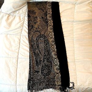 Soft, detailed, long black/grey/gold scarf originally from France